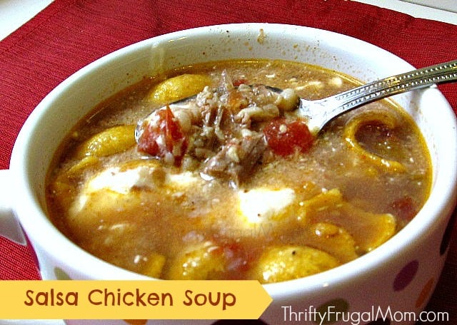 Salsa Chicken Soup-A sort of delicious chicken taco soup that you can serve with sour cream, chips and shredded cheese. This is one of my go-to dishes when I need something fast to make because it is so incredibly easy to throw together. It is also great to serve to guests and always gets rave reviews!
