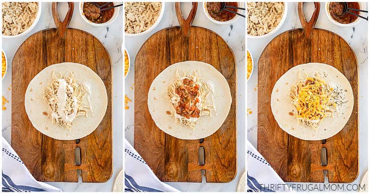 three image collage showing ranch, salsa, and cheese being added to the chicken wrap