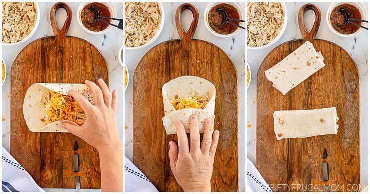 three image collage showing how to fold chicken wraps
