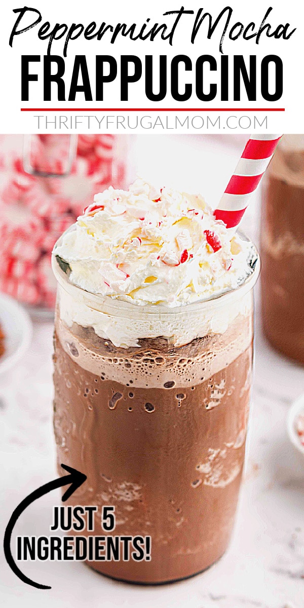 a close up shot of a glass of peppermint mocha frappuccino topped with whipped cream with a white and red striped straw