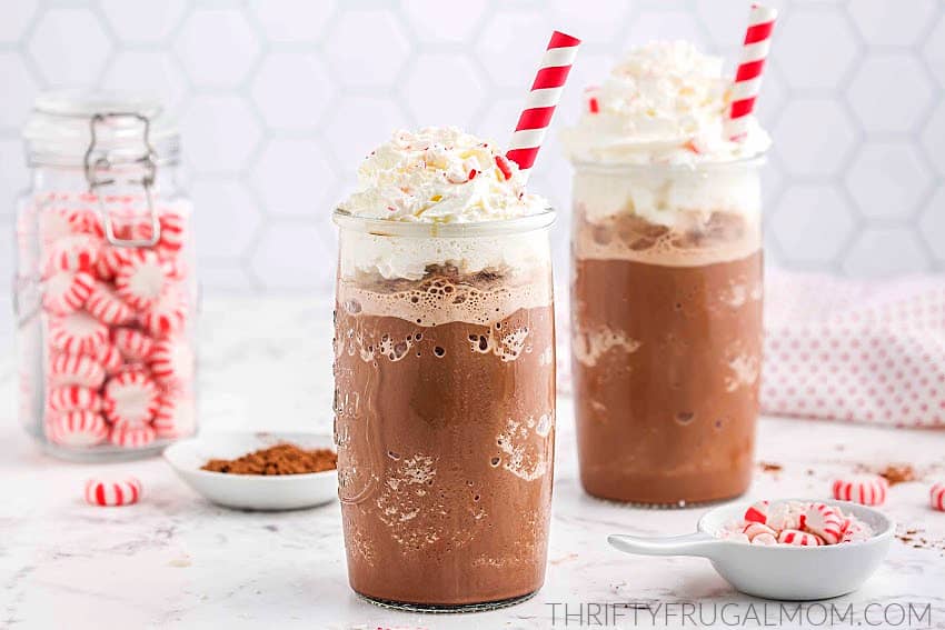 2 glasses filled with homemade peppermint mocha frappuccino