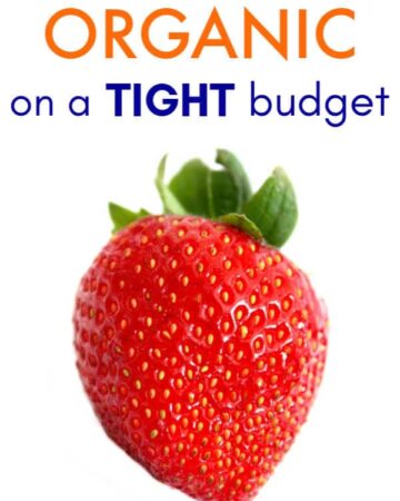a large strawberry on a white background with the words how to eat organic on a budget