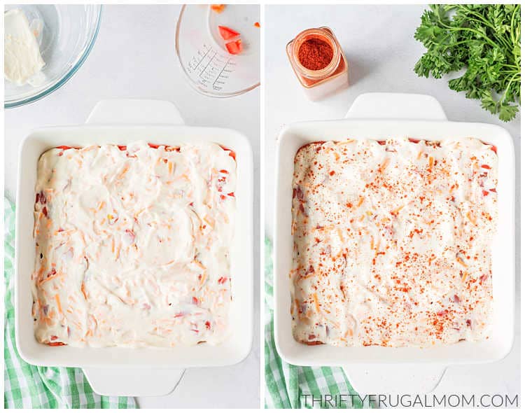 two photos showing sour cream, shredded cheese and paprika being added to a John Wayne Casserole