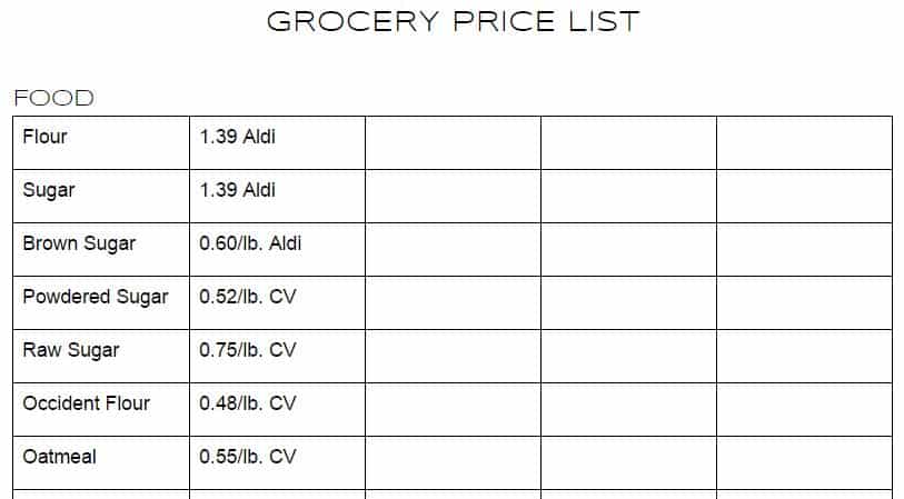 Grocery Store Price list