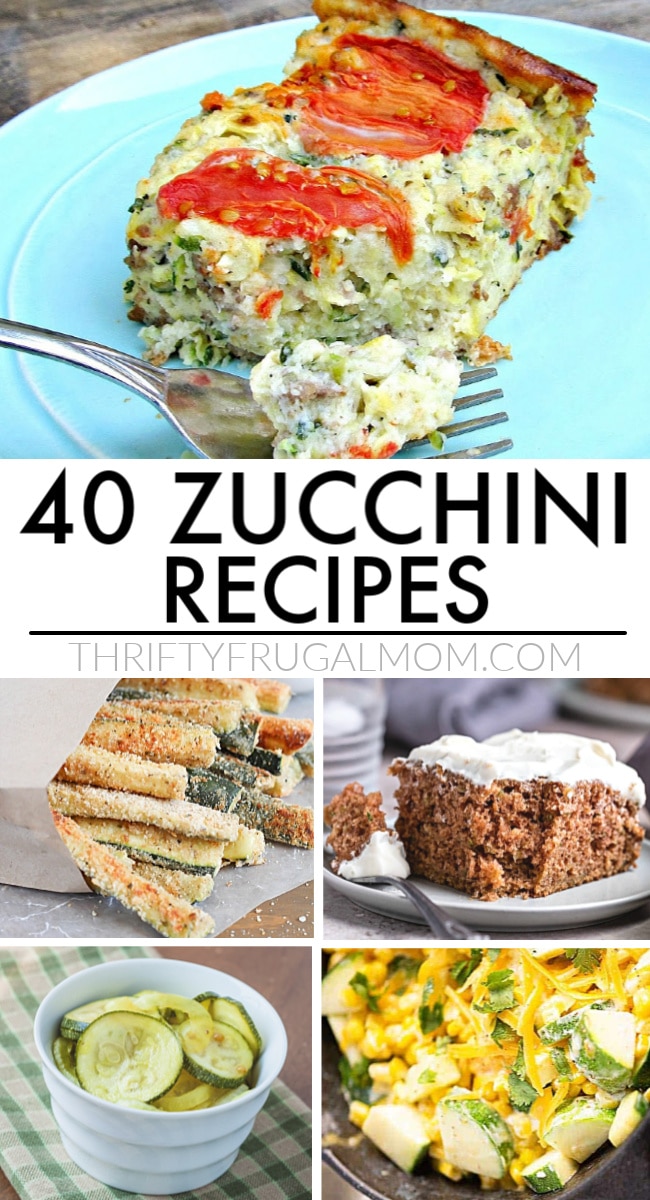 a collage of zucchini recipes- desserts, dinners, fries 