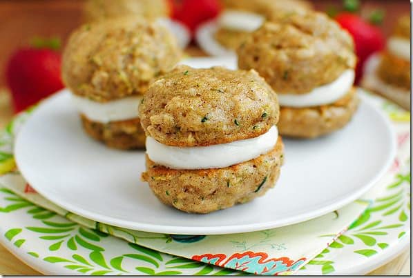 zucchini bread whoopie pies on a small white plate