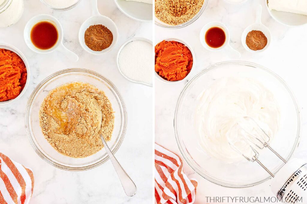two photos showing how to make pumpkin cheesecake trifles