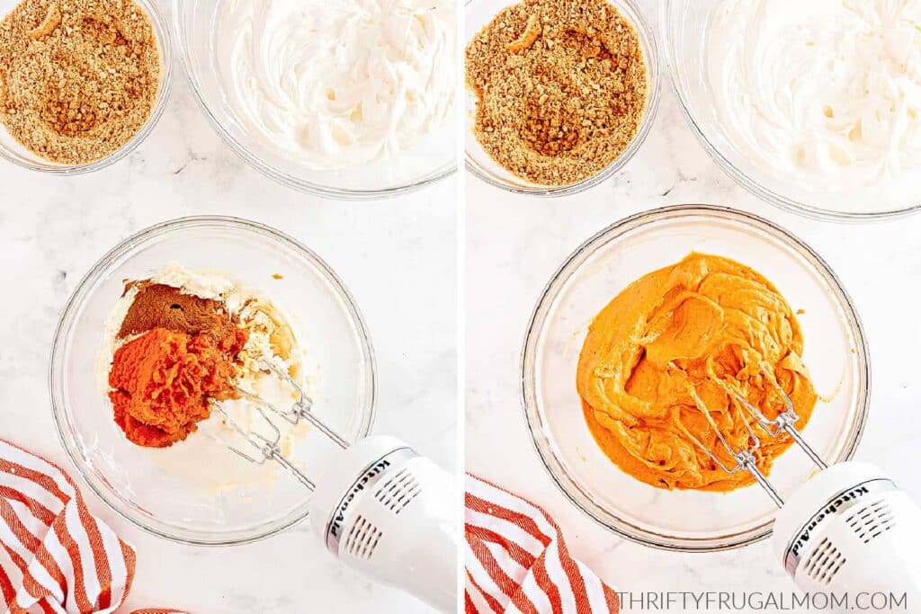 two photos showing how to mix up pumpkin cheesecake trifles