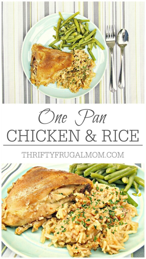 One pan chicken and rice casserole on a pale blue plate with green beans