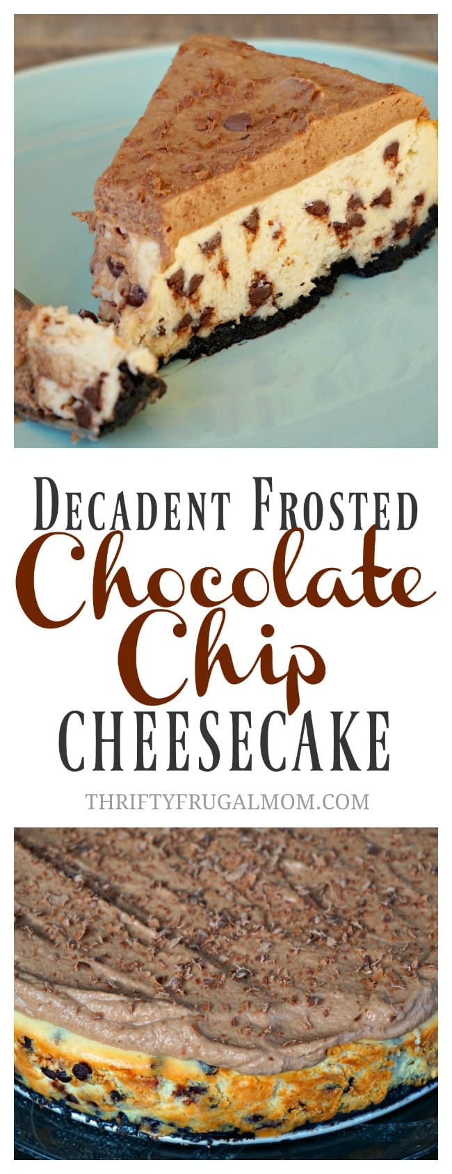 Decadent Frosted Chocolate Chip Cheesecake- the best chocolate chip dessert you'll ever make! So good!