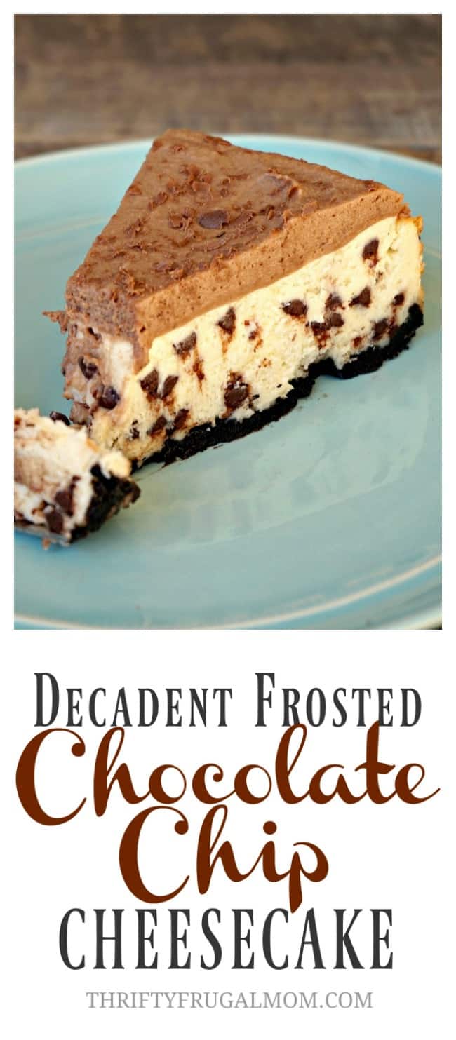 If you like cheesecake, you MUST make this Decadent Frosted Chocolate Chip Cheesecake! It's so good and that creamy frosting is amazing!