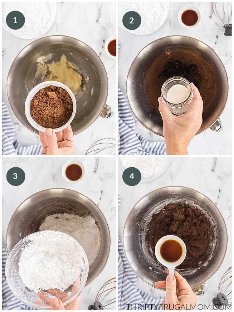 going through the 4 steps of making chocolate frosting