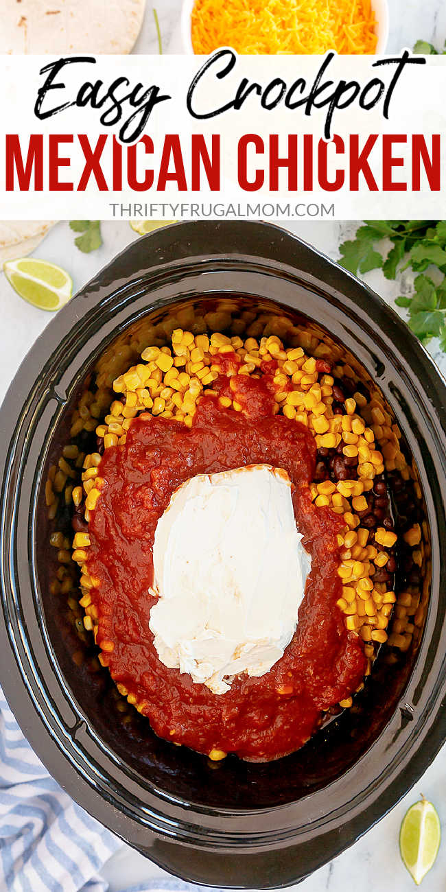 ingredients for Crockpot Mexican Chicken in a crockpot with text overlay