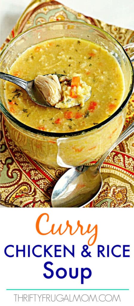 a bowl of chicken curry soup with rice with text overlay