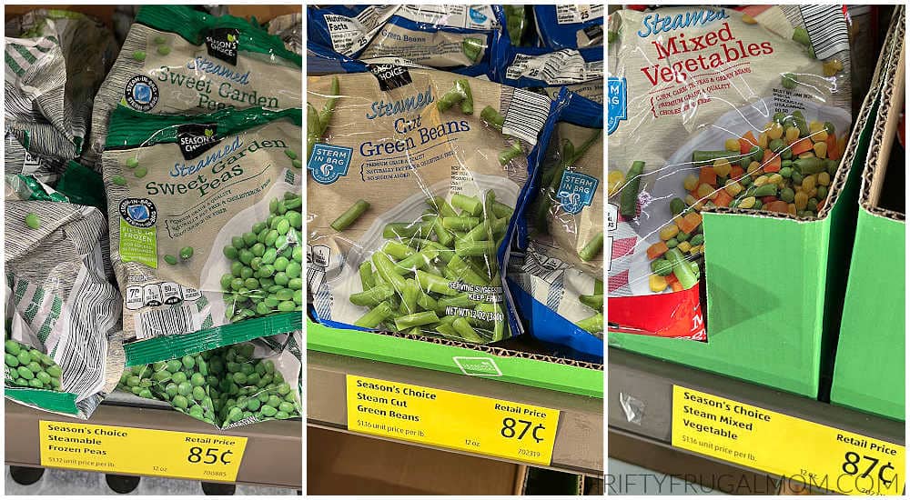 frozen peas, green beans and mixed vegetables in freezer at Aldi