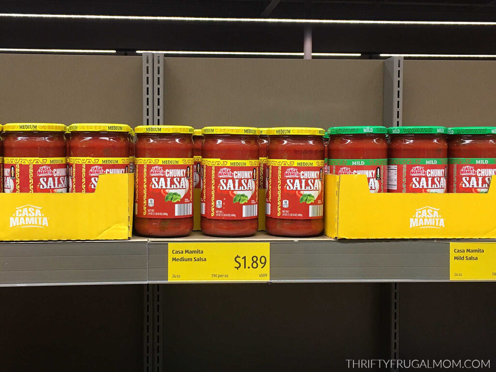 Aldi grocery store shelf full of salsa