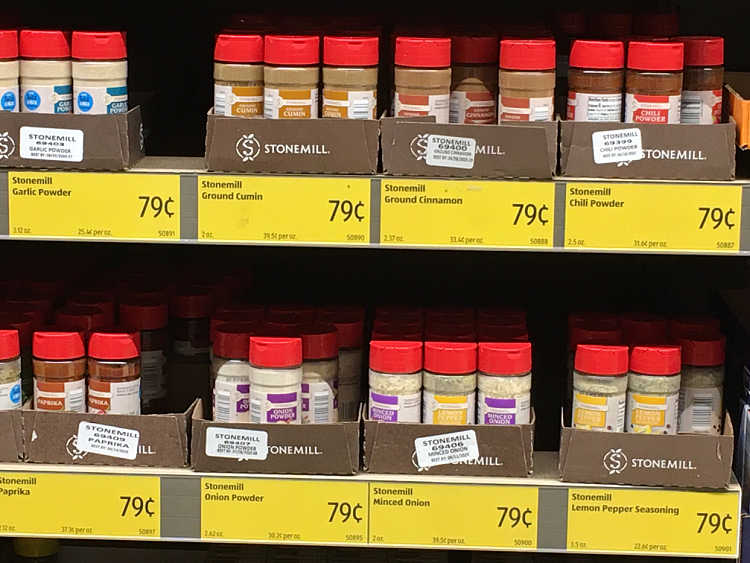bottles of herbs and spices at Aldi