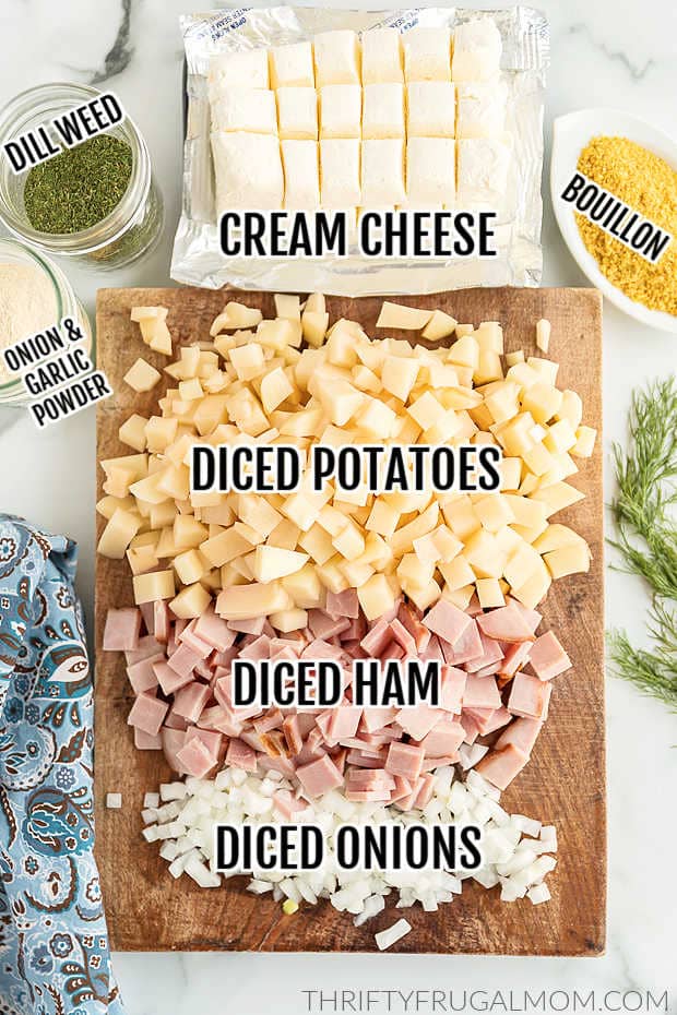 ingredients labeled to make potato soup with cream cheese