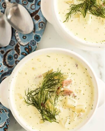 two bowlfuls of cream cheese potato soup with ham