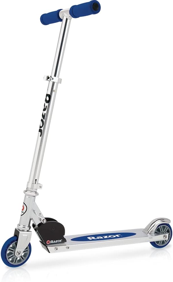 A metal kid's scooter on a white background.