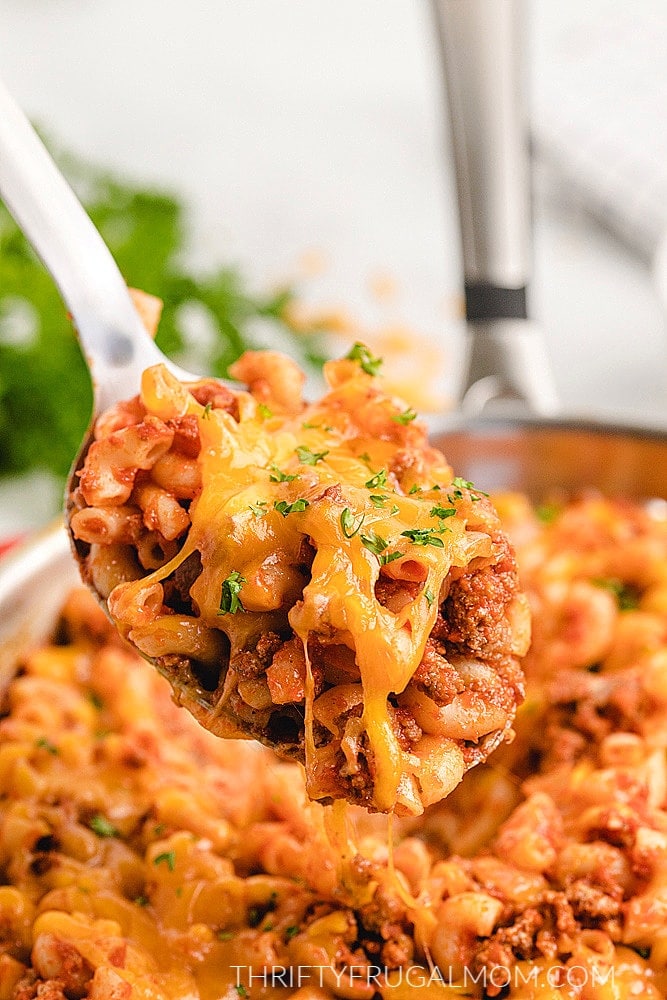 macaroni ground beef and cheese in pan