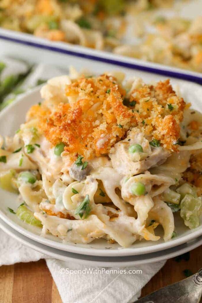 a serving of budget friendly tuna noodle casserole in a bowl