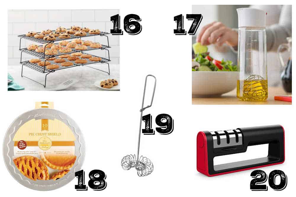a collage of cheap useful kitchen gifts for cooks and bakers