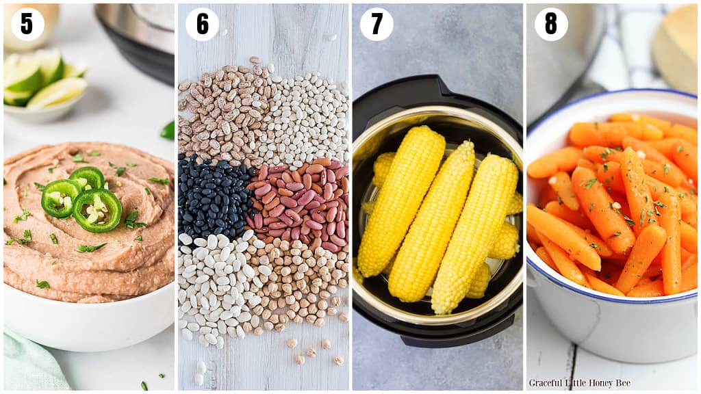 a collage of various easy instant pot recipes- refried beans, corn, carrots