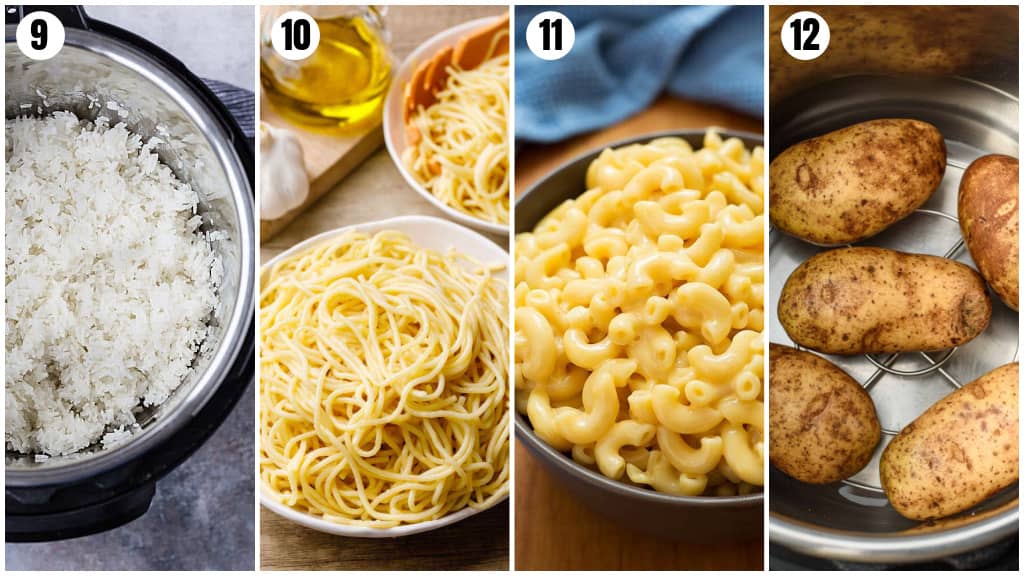 a collage of easy beginner Instant Pot recipes- rice, spaghetti, macaroni and cheese and baked potatoes