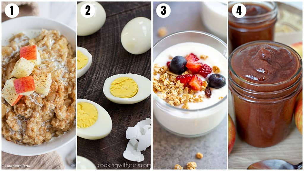 a collage of Instant Pot Beginner Recipes- eggs, yogurt, apple butter and oatmeal