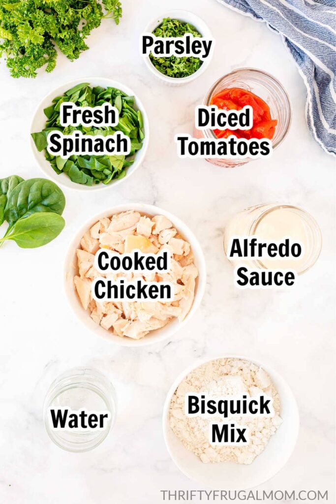 ingredients for Bisquick Chicken Alfredo Casserole on a white table