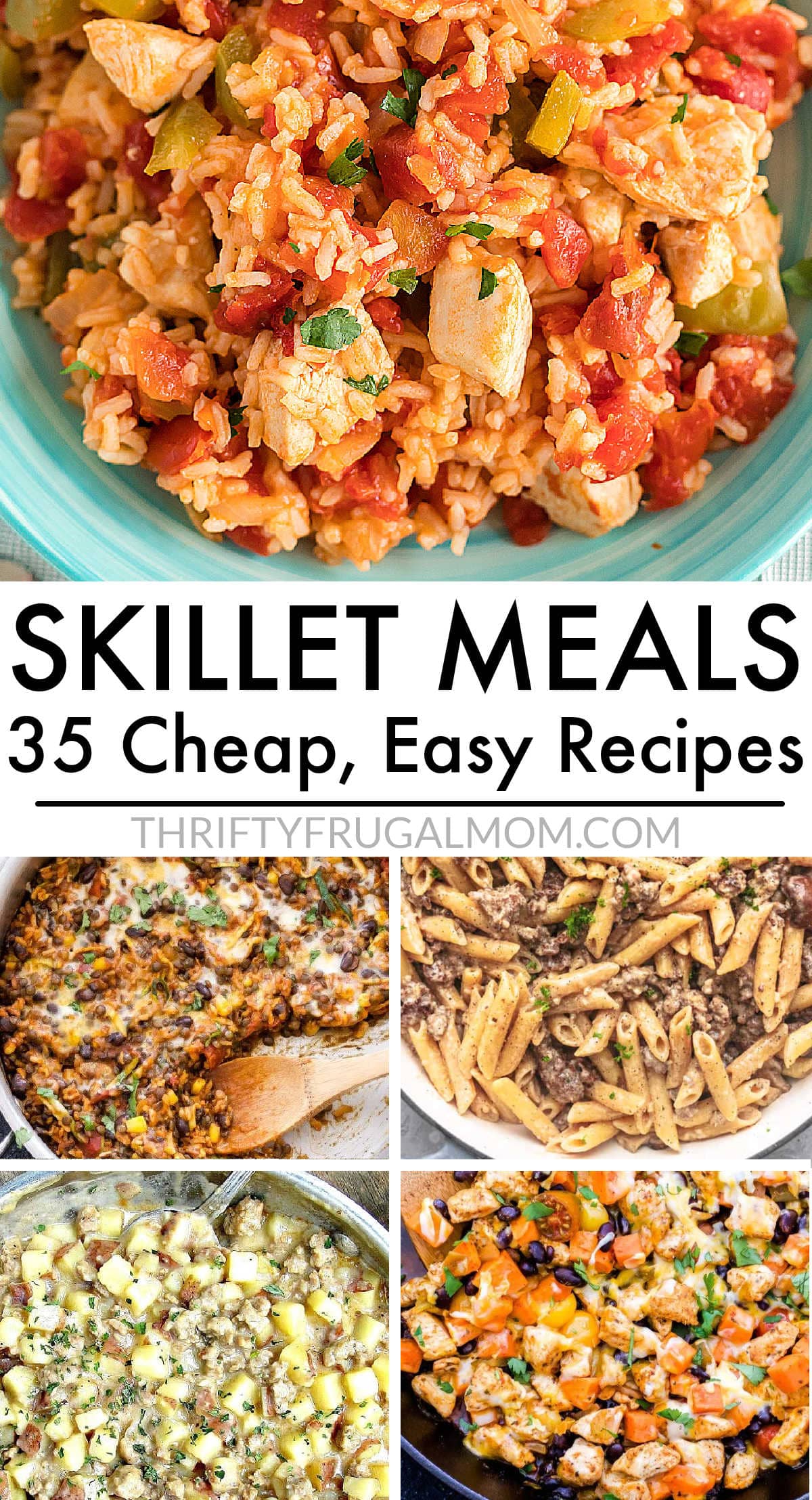 a collage of one skillet meal recipes