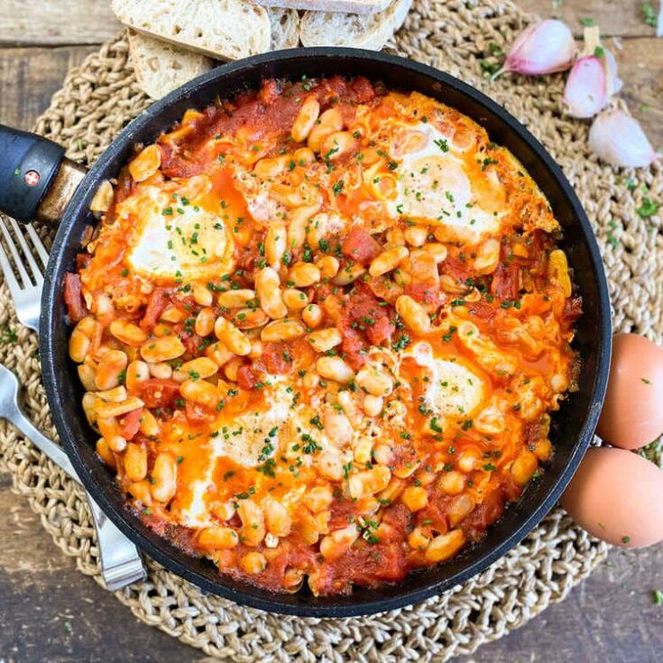 Spanish Beans and Eggs in a Skillet