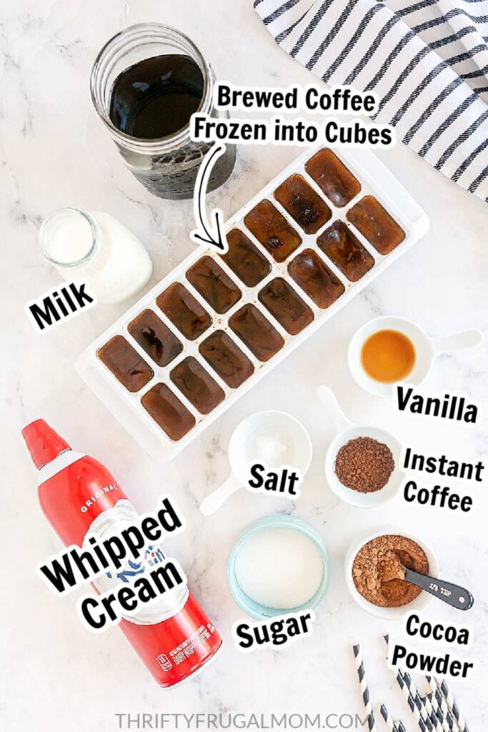 mocha frappuccino ingredients arranged on a marble counter