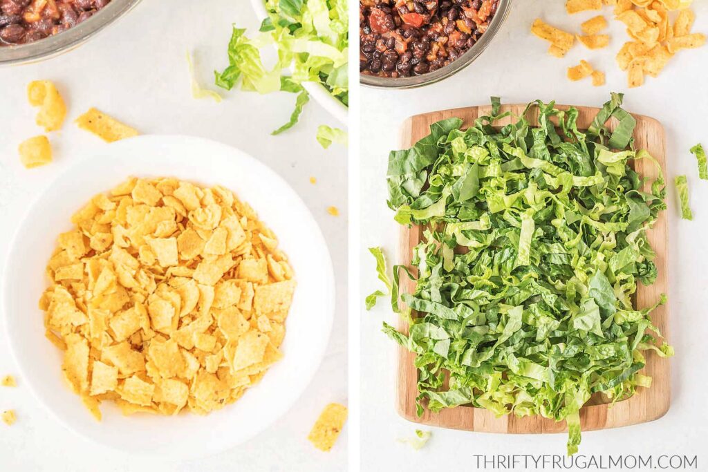 crushed corn chips in a bowl and shredded lettuce on a wooden cutting board