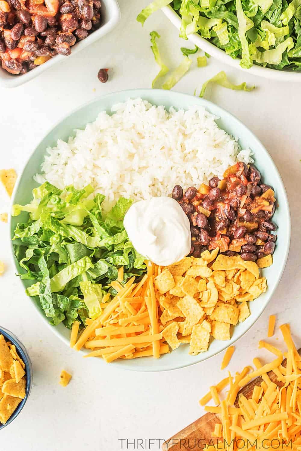 meatless mexican rice bowl ingredients in a white bowl
