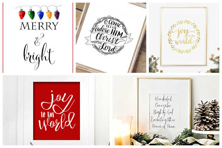 a collage of free Christmas printables including Joy to the World
