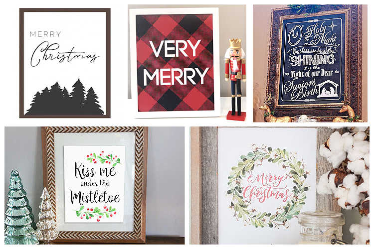 a collage of free Christmas printable decor including merry Christmas, very merry and more