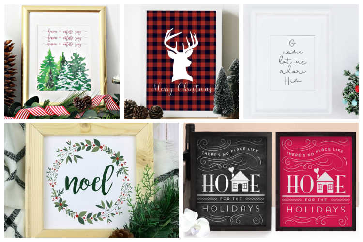 a collage of free Christmas printables- Noel, there's no place like home and more