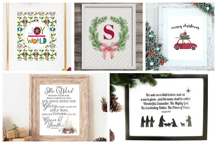 a collage of free Christmas printable prints including a wreath and Scripture art