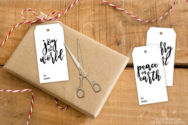 a Christmas gift wrapped including a cute black and white Christmas gift tag