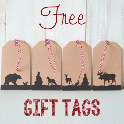 a set of four simple printable Christmas gift tags with woodland animals on them