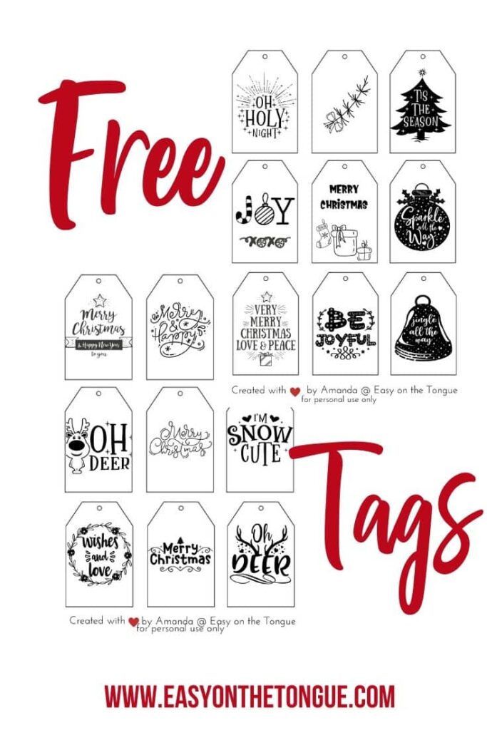 a collection of free printable black and white gift tags with various Christmas messages arranged in rows