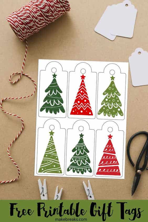 a sheet of free printable Christmas gift tags with fun Christmas trees on a brown paper background