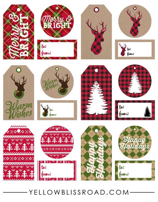 a collection of rustic, plaid Christmas gift tag printables on a white background