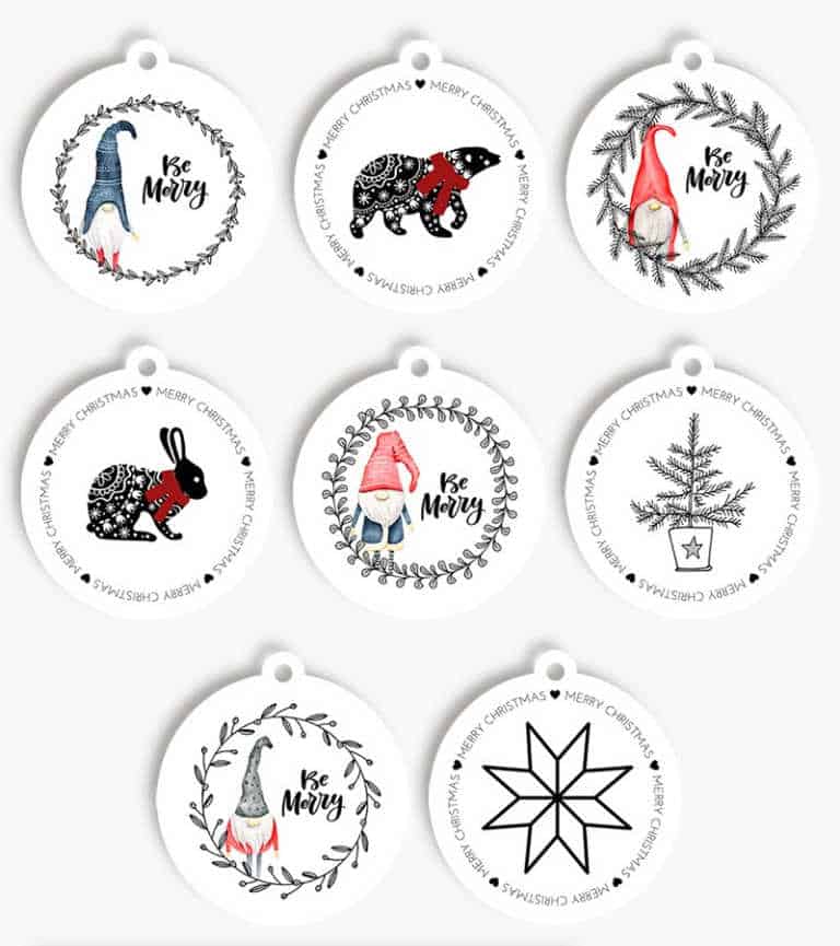 8 round Scandinavian inspired Christmas Gift Tags on a white backround