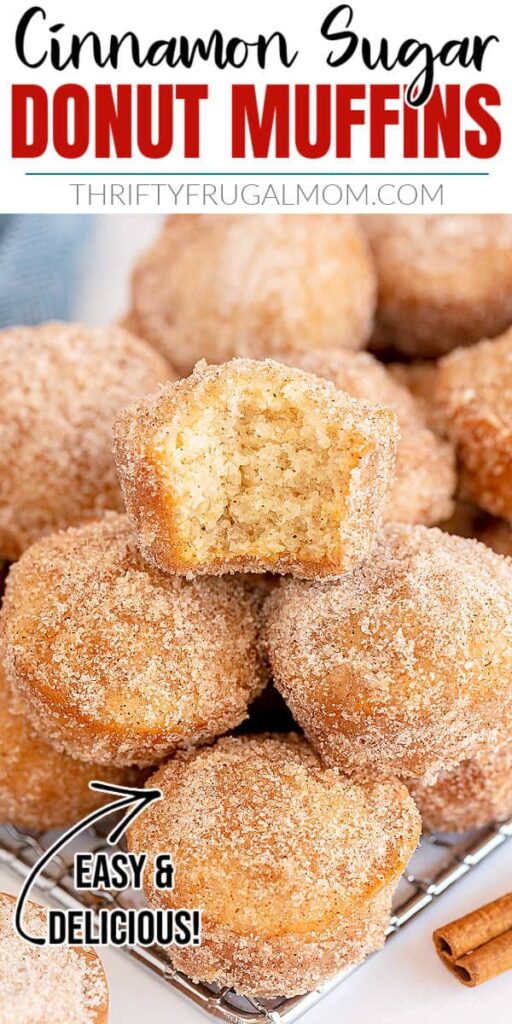 a stack of cinnamon sugar donut muffins one with a bite taken out with text overlay