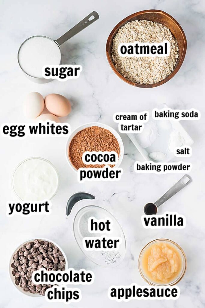 ingredients labeled to make double chocolate muffins that are healthy