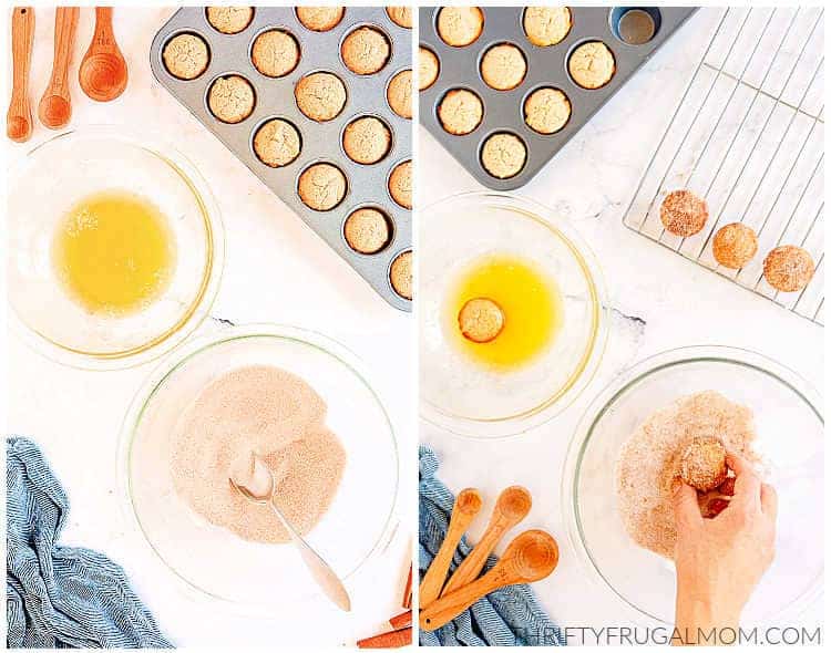 two image collage showing the donut muffins being rolled in the cinnamon sugar mixture