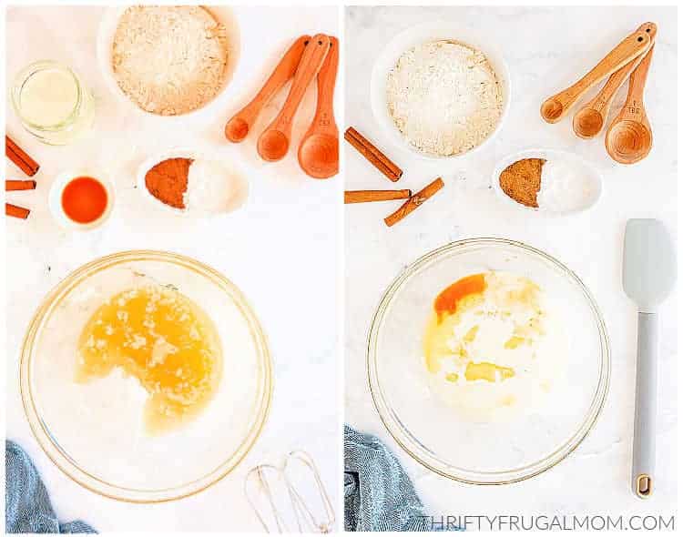 two image collage showing the muffin ingredients in a glass mixing bowl